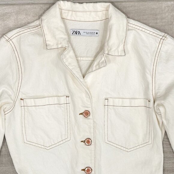 Zara Cotton Denim Jumpsuit Boilersuit with Contrast Topstitching in Ecru Size XS - Picture 6 of 16